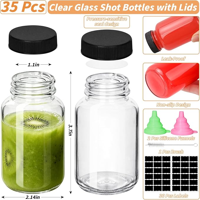 35 Pack 4 oz Glass Shot Bottles with Lids Small Clear Glass Jar for Ginger Wellness Shot Mini Juice Bottle Reusable Wide Mouth Travel Cup & 36 Labels,2 funnels,1 brush for Juice Milk Potion Liquids