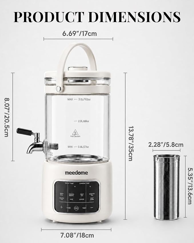 3L Electric Kettle & Beverage Dispenser with Infuser, Spigot - All-in-One Health Pot for Iced Tea/Coffee, Temperature Control, Glass Pitcher - Home & Office Use