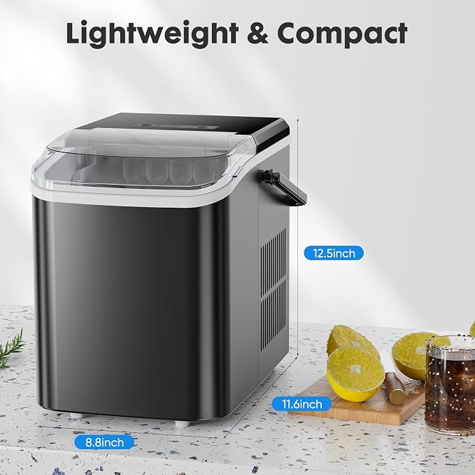 Hexago Countertop Ice Maker, 6-Min Fast Ice Machine with 2 Sizes Bullet Ice, Self-Cleaning Portable Ice Maker with Handle, 26.5 lbs/24H, Quiet Ice Maker for Home, Office, RV & Party