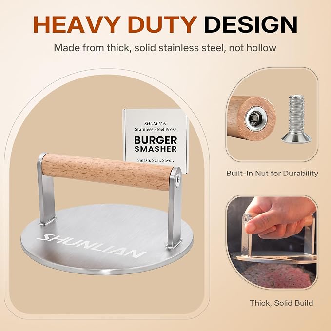 Stainless Steel Burger Smasher, 6 Inch Heavy Duty Grill Press with Wood Handle, 1.7 lb Solid Cooking Weight Press for Flat Top Griddle, Meat Press for BBQ, Fish, Chicken, Bacon & Steak