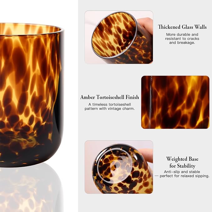 Tortoise Shell Drinking Glasses Set of 4, Brown Decorative Tortoise Shell Tumbler Cups for Wine & Drinks，Drinking Glasses for Wedding Gifts, Housewarming, Cocktail Party (4, 10oz)