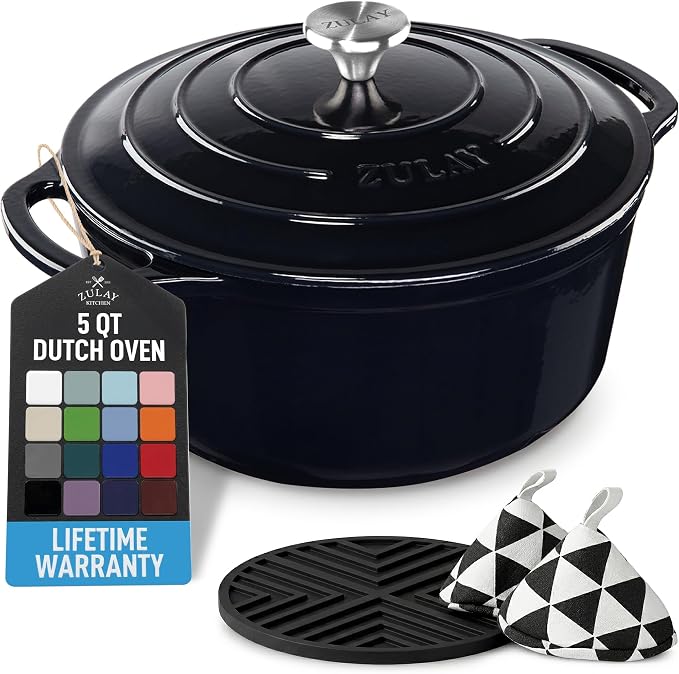 Zulay Kitchen 5 Quart Enameled Cast Iron Dutch Oven Pot with Lid – Premium Durability & Oven Safe up to 500°F – Heavy Duty Cookware Perfect for Bread Baking, Stews, Braising & Roasting – Black