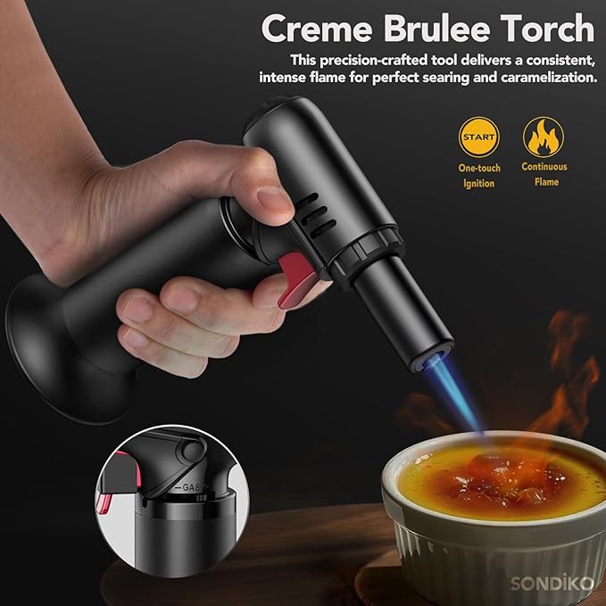 Sondiko Butane Torch Lighter with 2 Pack 100ml Premium Butane Fuel Canister, Refillable Adjustable Flame Soldering Torch with Visible Fuel Window, All-in-One Kit for Welding, Resin Art, BBQ & Camping