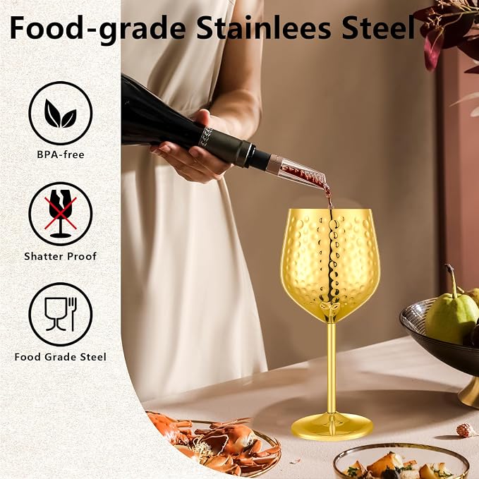 UNISWEET Stainless Steel Wine Glasses Set of 4 Unbreakable (Gold) | 17 oz Large-capacity Hammered Goblets, Lightweight & Reusable, Good for Outdoor, Camping, Pool Travel, Gift for Wine Lovers