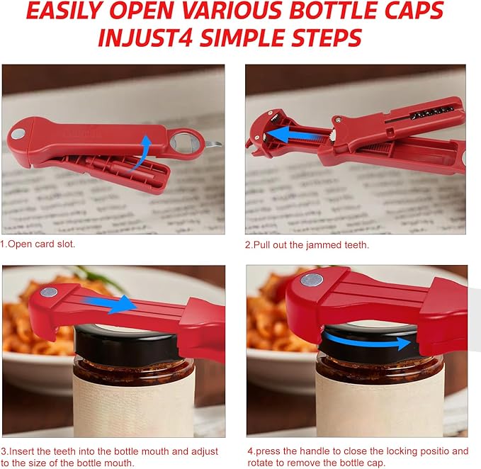 7 in 1 Jar Opener Bottle Opener and Wine Opener for Seniors with Arthritis, Weak Hands, Multi Retractable Magnetic Can Opener, Original Kitchen Lid Opener Tool (Red)
