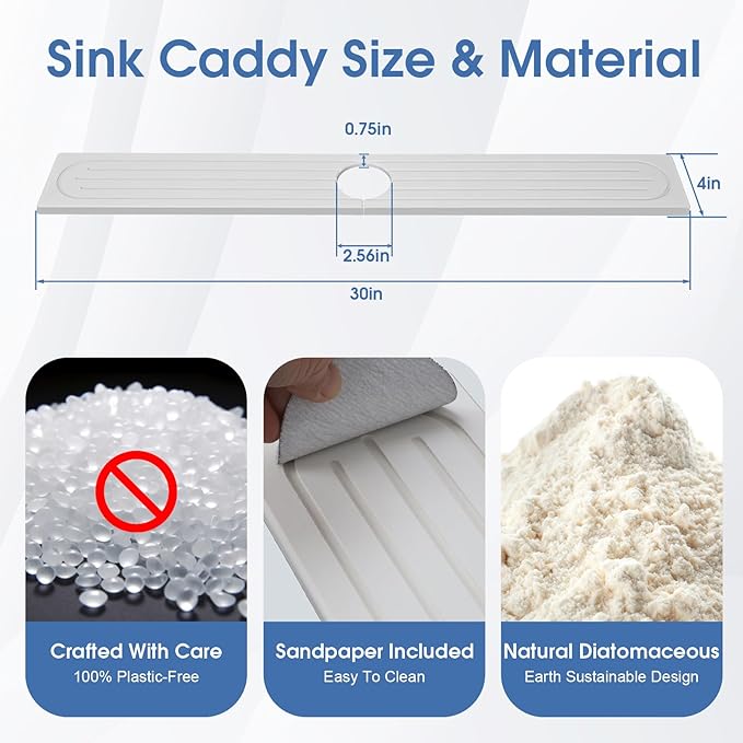 Drying Stone Faucet Mat for Kitchen Sink, Trays Diatomite Quick Dry Around Faucet Mats, 30 Inch Long Kitchen Sink Splash Guard Behind Faucet, Prevent Moisture on Kitchen Bathroom Counter