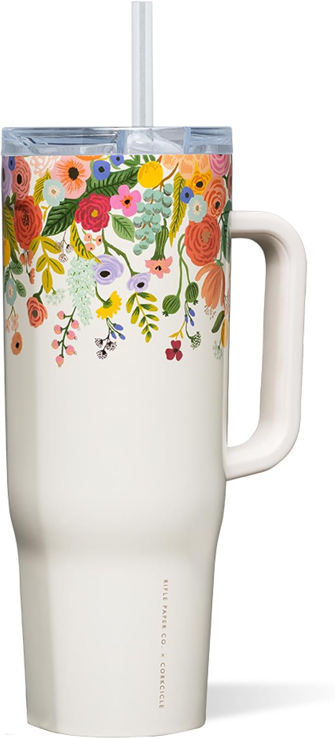 Corkcicle x Rifle Paper Co. Cruiser Insulated Tumbler with Handle & Straw - Keeps Drinks Cold 20 Hours - BPA-Free - Gift for Mom - Great for Mother's Day or Christmas - 40 oz - Garden Party Cream