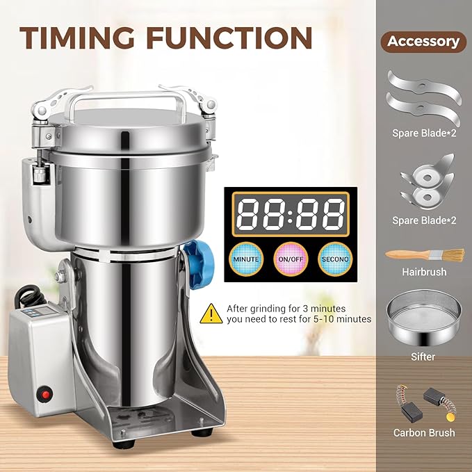 LEEVOT Electric Grain Grinder Mill, 1000g High-Speed Spice & Herb Grinder, Commercial Powder Machine for Dry Cereals, Grain, Coffee, Corn, Beans – CE Approved