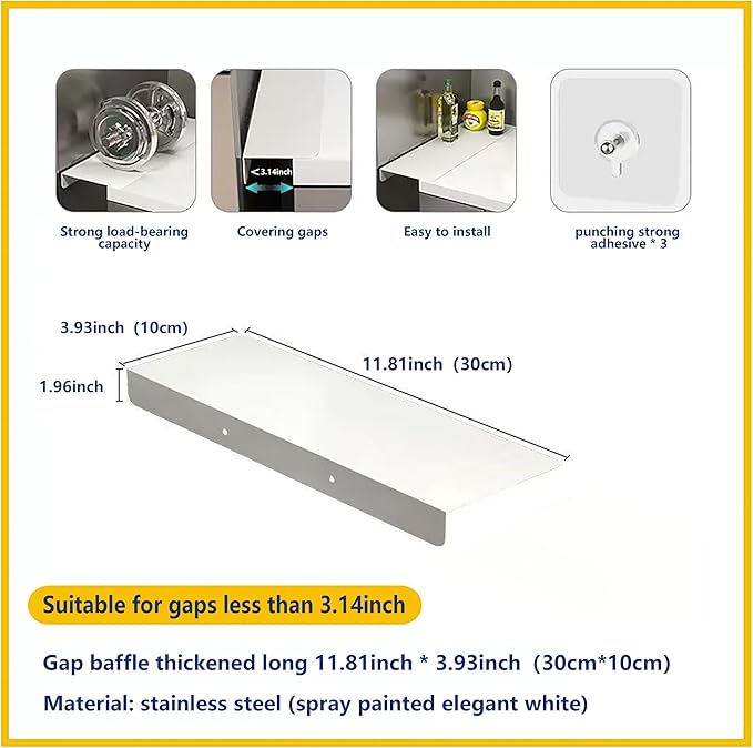 Metal Kitchen Refrigerator Gap Partition Countertop Gap Extension Board,Gap Covers Between Countertop and Walls, Refrigerator Side Partition, No Drill(White,11.81 * 3.93inch)