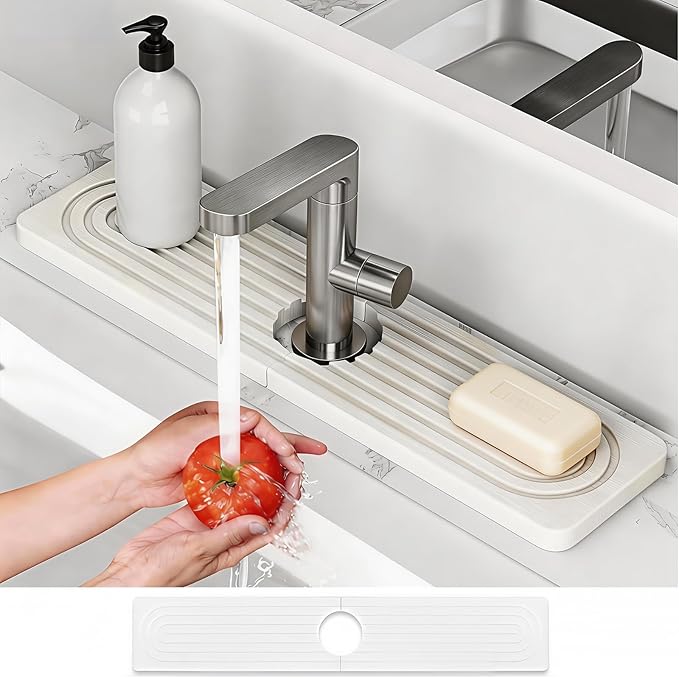 Absorbent Stone Faucet Mat for Kitchen Sink, Diatomite Stone Sink Tray Quick Dry, Bathroom Sink Splash Guard Behind Faucet, Water Catcher & Draining Mat for Sink Counter Protector, 15.8" x 4"