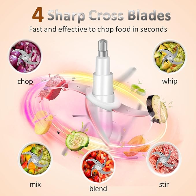 Cordless Food Processor Electric Chopper, Small Wireless Processor 6000mAh Battery with 5cup/1.2L Glass Bowl for Vegetable, Onion, Baby Food, Mini Garlic Chopper Portable Meat Blender Mixer, White
