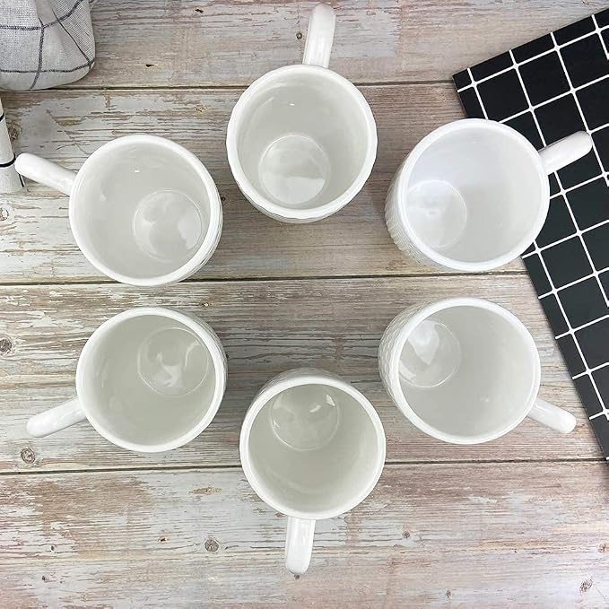 Schliersee 12 OZ White Ceramic Coffee Mugs Set of 6, Stylish Embossed Coffee Cups Set for Coffee, Tea, Milk, Cocoa, Cereal
