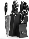 Damascus Kitchen Knife Set with Block, 9-Piece 67-Layer VG10 Damascus Steel Knife Set with Triple-Rivet Handles, Chef, Santoku, Utility, Bread & Paring Knives, Sharpener, Shears, Black
