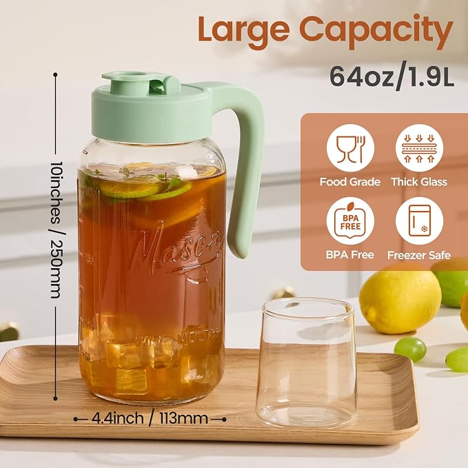 Mason Jar Pitcher - Airtight & Leakproof Glass Pitcher with Lid, Perfect for Breastmilk, Cold Brew, and Sun Tea, 2 Quart (64 oz) Mason Jar with Pour Spout Lid