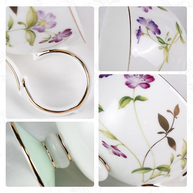 KAMMAK Ceramic Coffee Cups Saucers Set of 2, Porcelain Espresso Cup with Saucer, 8.45 oz Handmade Elegant Bone China Tea Cups, Ceramic Floral Pattern Demitasse Cup for Latte, Americano, Cappuccino