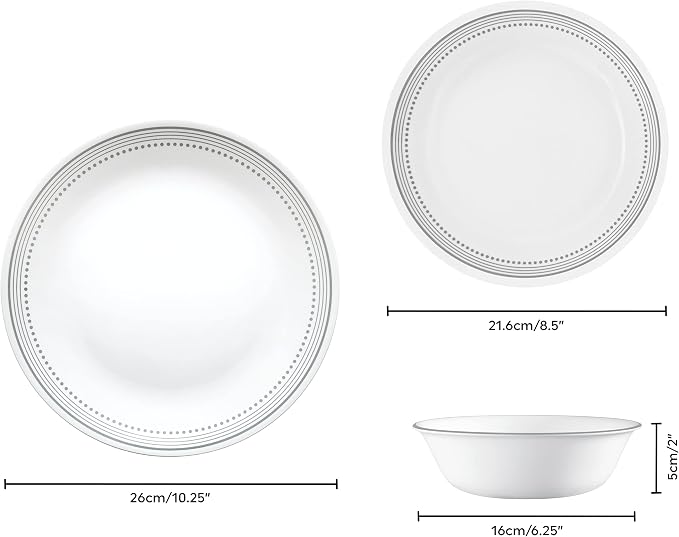 Corelle Dinnerware Set (12pc Set, Mystic Grey)-Dinner Set for 4 Includes 4 x Dinner Plates, Side Plates & Bowls 3 X More Durable, Half The Space & Weight of Ceramic up to 80% Recycled Glass, 1146820