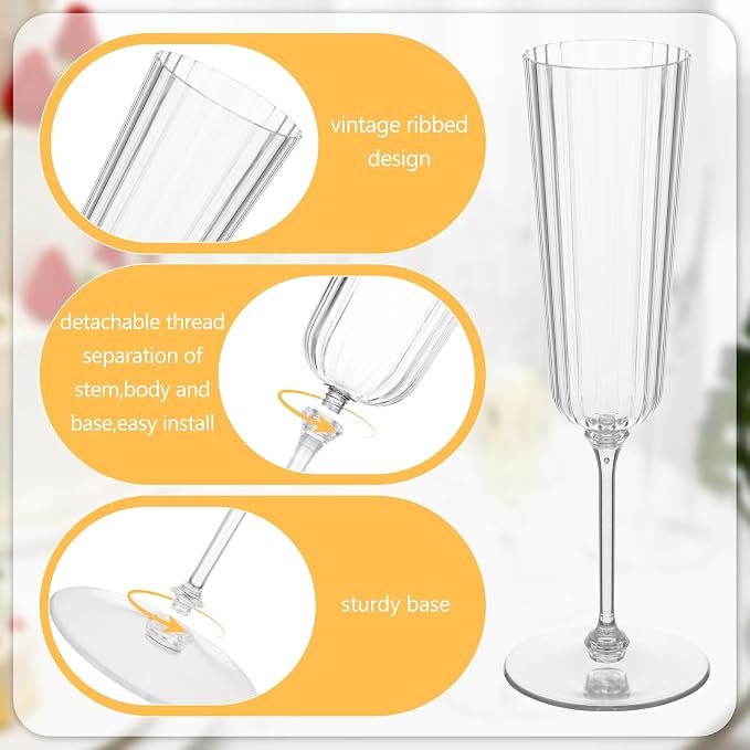Jingmore 24 Pcs Plastic Ribbed Champagne Flutes With Stem, 6.4 oz Clear Vintage Disposable Champagne Glasses for Wedding Birthday Anniversary (Clear)