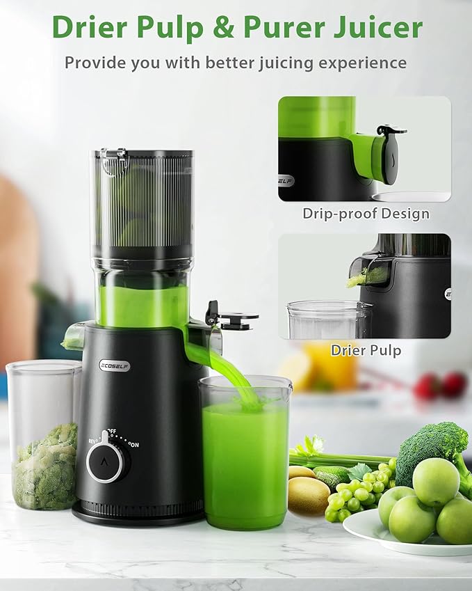ECOSELF Cold Press Juicer - Wide Mouth Hopper for Fruits & Vegetables & Leafy Greens - Juicer Machines with Self Feeding - Hands-Free Design - Juice Extractor Machine Easy to Clean With Brush