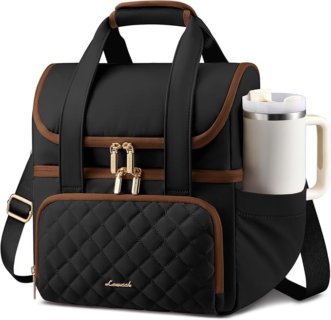 LOVEVOOK Insulated Lunch Bag for Women,Large Double Deck Adult Lunch Box,Teacher Lunch Tote Bag with Cup Holder,Leakproof Cooler Bag with Adjustable Shoulder Strap for Work Picnic Beach,Larger 15L