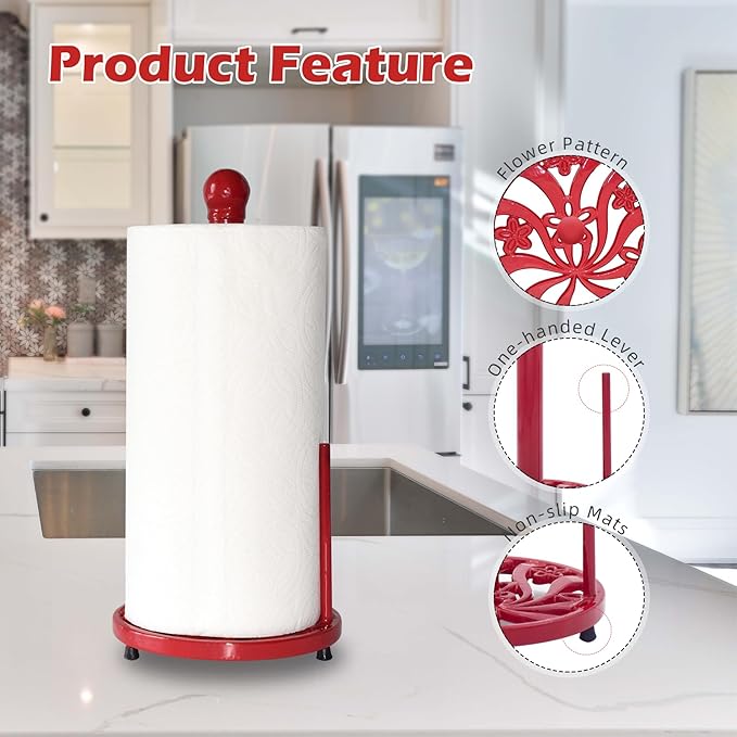 Red Cast Iron Paper Towel Holder for Kitchen Countertop - Vintage Daffodil Standing Dispenser with Heavy Weighted Base, Antique Farmhouse Decor, Fits Jumbo Rolls, One-Handed Tear