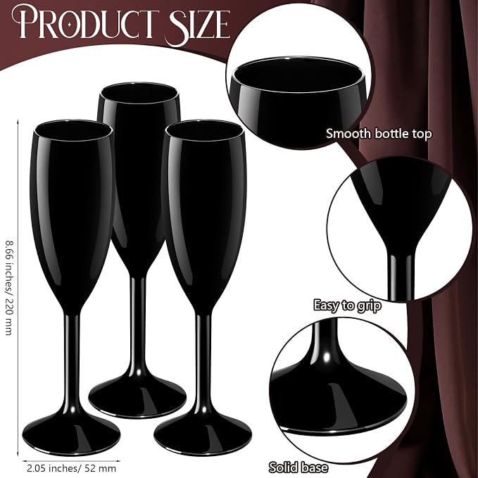Maxcheck 24 Pcs Champagne Flutes Bulk Acrylic Toasting Drinking Flute Unbreakable Goblet Champagne Cups 6 oz Plastic Wine Glasses for Mother's Day Wedding Bridal Shower Anniversary Party (Black)