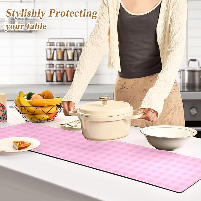 Heat Resistant Table Runner Trivet for Hot Pots and Pans 39 x 12 Inch Long Hot Pad Decorative Table Protector for Kitchen Countertop Checkered Pink