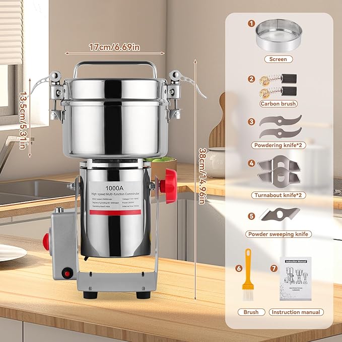 Electric Grain Mill, 1000g Stainless Steel Mill, 3000W High Speed Commercial Grinder Machine, Pulverizer Spice Herb Grinder for Dry Grains Cereals Coffee Corn Pepper, Swing Type