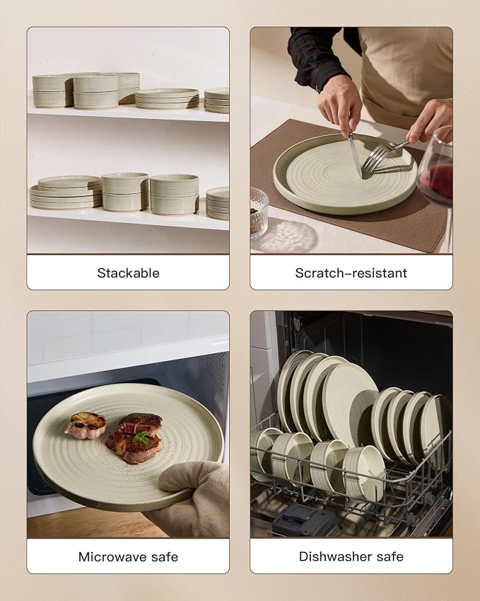 Stoneware Dinnerware Sets for 8, 24-Piece High Edge Plates and Bowls with Speckled Glaze & Spiral Design - Chip & Scratch Resistant, Microwave & Dishwasher Safe - Gift Box, Honey