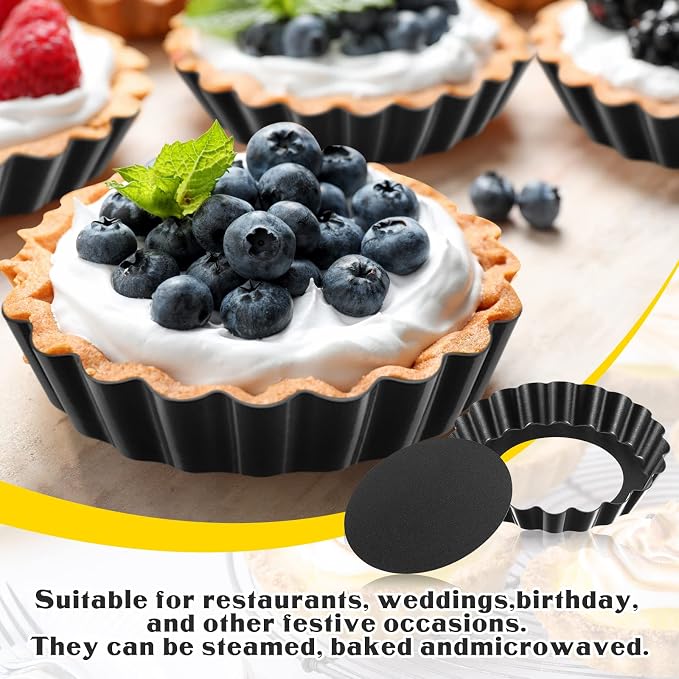 Tessco for you 16 Pcs Mini Tart Pans for Baking, 5 Inch Quiche Pans with Removable Bottom, Nonstick Egg Tartlets Molds Fluted Side Bakeware for Pie Fruit Tart Cheesecake Dessert (Black Round)