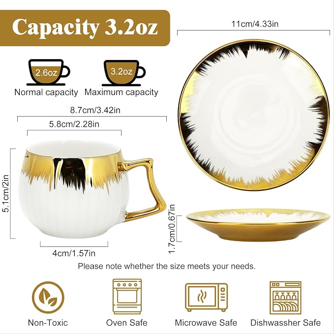 3.5 OZ Espresso Cups with Saucers, Ceramic Coffee Cup Set of 6, Turkish Coffee Cup Set, Coffee Cup Gift for Latte, Double Shot, Cafe Mocha and Tea, Dishwasher & Microwave Safe (Gold Trim-03)