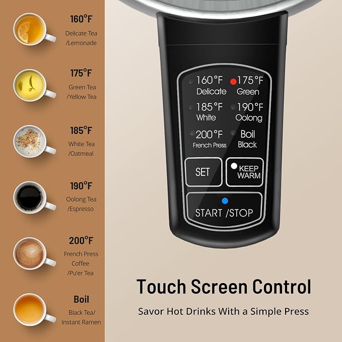 Electric Tea Kettle, 6 Precise Temperature Presets 1.7L Stainless Steel Electric Kettle Temperature Control,1500W Fast Boiling Hot Water for Oolong & Green Tea with Strix Control