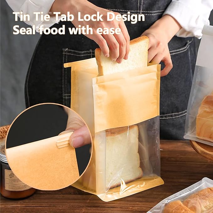 Heavy Duty Paper Bread Bags with Tin Tie Tab Lock 50PCS, Loaf Bag with Clear Front Window, Storage Packaging Treat Bag for Bakery Cafe Homemade Bread 10.2" × 5.1" × 6.3"