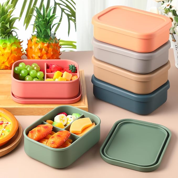 Honeydak 6 Pcs Silicone Bento Box for Adults, 3 Compartment Lunchable Food Container for Women Men, Leak Proof Microwave Dishwasher Freezer Safe (Classic Colors)