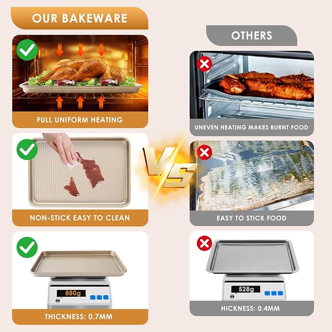 Baking Sheet Pan Set of 3, Nonstick Carbon Steel Cookie Sheets with Texture | Commercial Half/Quarter/Jelly Roll Pans Replacement Toaster Oven Tray, Heavy Duty & Easy Clean