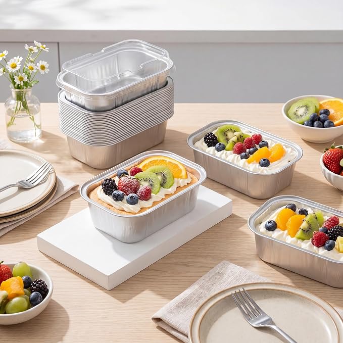 Vesici 100 Sets Mini Loaf Pans with Lids, 5.7 oz Disposable Aluminum Foil Baking Cups, Rectangle Cake Pans for Baking Storage Birthday Party(Silver)