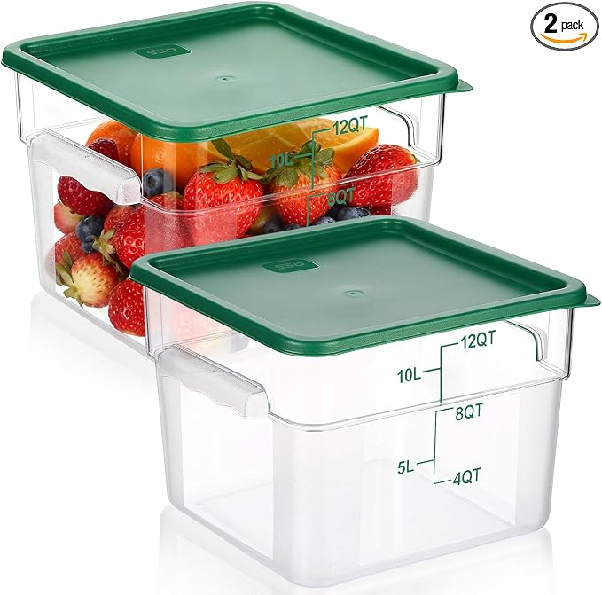 FoldTier 2 Pieces Square Food Storage Containers Polycarbonate Clear food Container with Lid Commercial Storage with Graduations for Commercial Kitchen Dough Marinating Meat(Green,12 Qt)