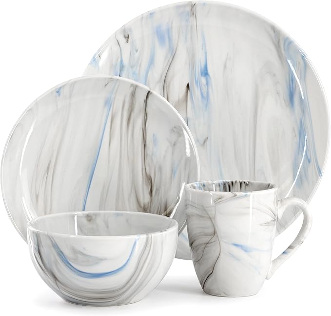 Elama Fine Marble 16 Piece Porcelain Dinnerware Set, Tableware Set, Everyday Dining, Service for 4 (Blue/Gray)