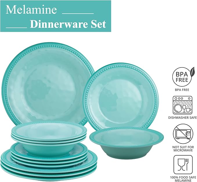 UPware 12 Piece Beaded Melamine Dinnerware Sets, Outdoor Dishes Set, Plates and Bowls Sets, Service for 4, Aqua Blue