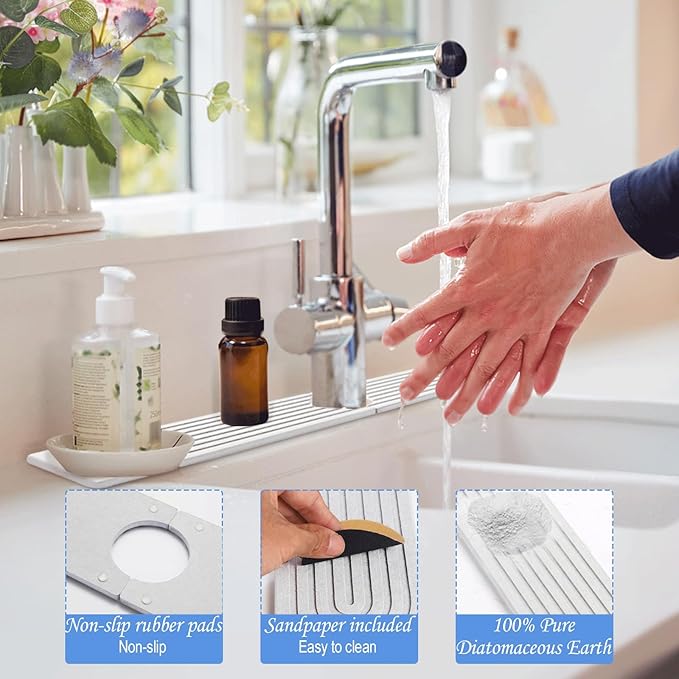 Stone Faucet Mat for Kitchen Sink- 23.6''x 3.9''Diatomite Fast-Drying Faucet Mat, Super Water Absorbing Stone Tray for Sink,Faucet Splash Guard for Bathroom Counter (White)