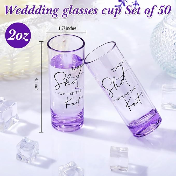 Sliner 50 Set Wedding Favors for Guests Bulk 2oz Acrylic Take a Shot We Tied the Knot Shot Glasses with Thank You Cards Organza Bags for Guest Souvenir Wedding Bridal Shower Gifts (Purple,Black)