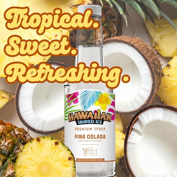 Hawaiian Shaved Ice Pina Colada Syrup - Nut Soy Dairy Free - Flavor Fluffy & Crunchy Snow Cone - Shelf Stable - Makes 8 Servings - 16 ounces