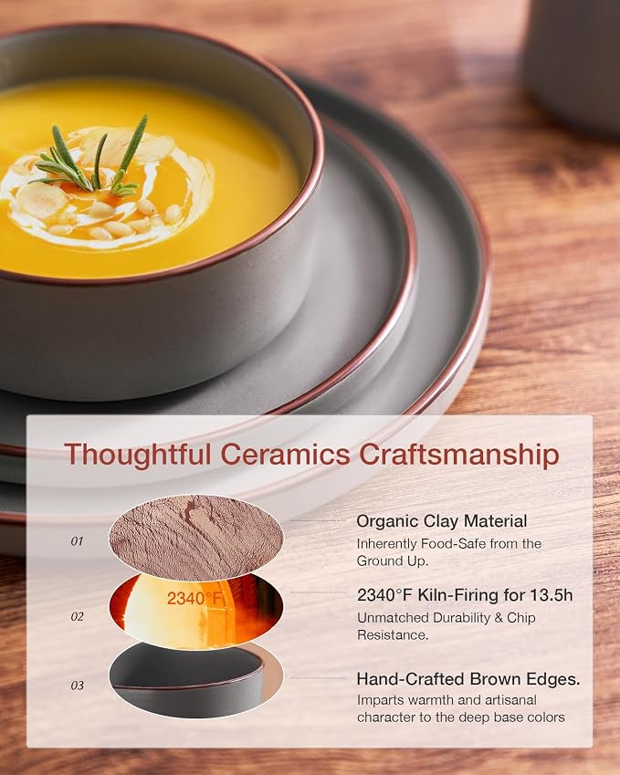 Famiware Nebula Ridge Stoneware Dinnerware Sets for 6, Plates and Bowls Sets, 18 Pieces Dishes Set, Microwave and Dishwasher Safe Kitchen Plates, Dark Gray