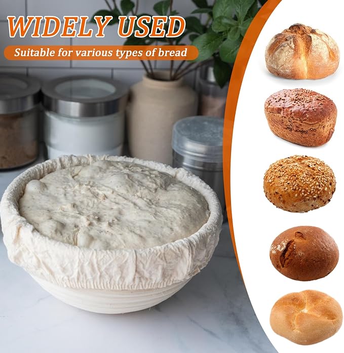 5 Pack Round Banneton Proofing Basket Set 9 Inch, Natural Rattan Sourdough Bread Bowls with Linen Liners, Dough Baking Supplies for Professional & Home Bakers(9" Round, Set of 5)