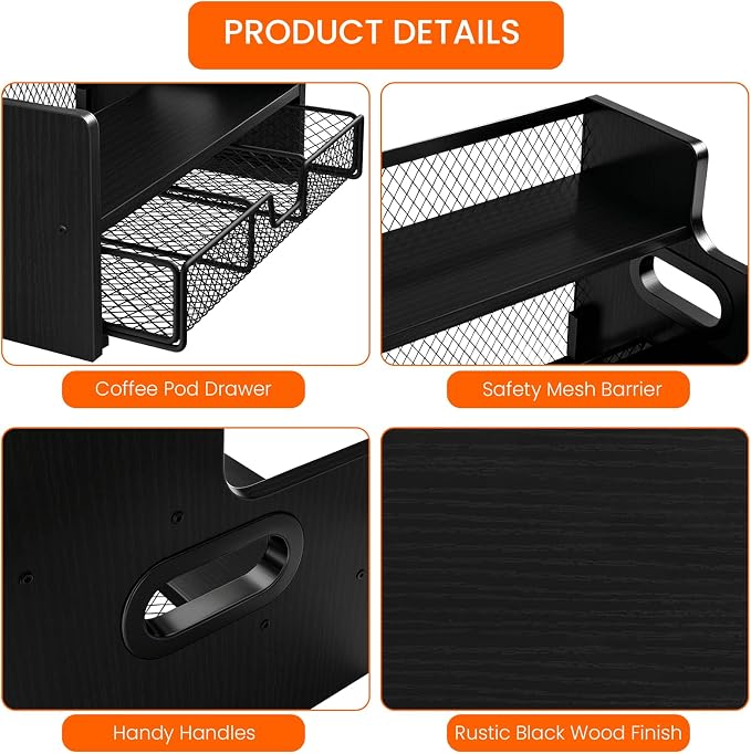 Homode Coffee Syrup Organizer Rack, 3-Tier Syrup Holder Stand with 35 K Cup Storage Drawer, 8 Bottles Capacity, Wood Shelf Liquor Wine Rack for Coffee Bar Countertop, Black