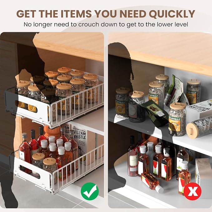 2 Pack Pull Out Cabinet Organizer, Heavy Duty Slide Out Drawer with No Drill Adhesive or Screw Mount, Carbon Steel Roll Out Shelf for Kitchen Cabinet, Pantry & Bathroom Storage