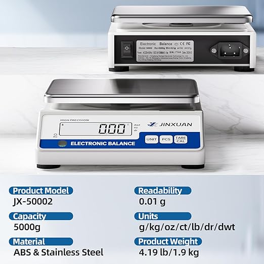 Digital Lab Scale 0.01g Accuracy 5000g Analytical Balance Scale Precision Scale for Weighing Gold Silver Jewelry Diamond Powder Grain Food, Electronic Gram Scale with 500g Weight, LCD Display, 7units