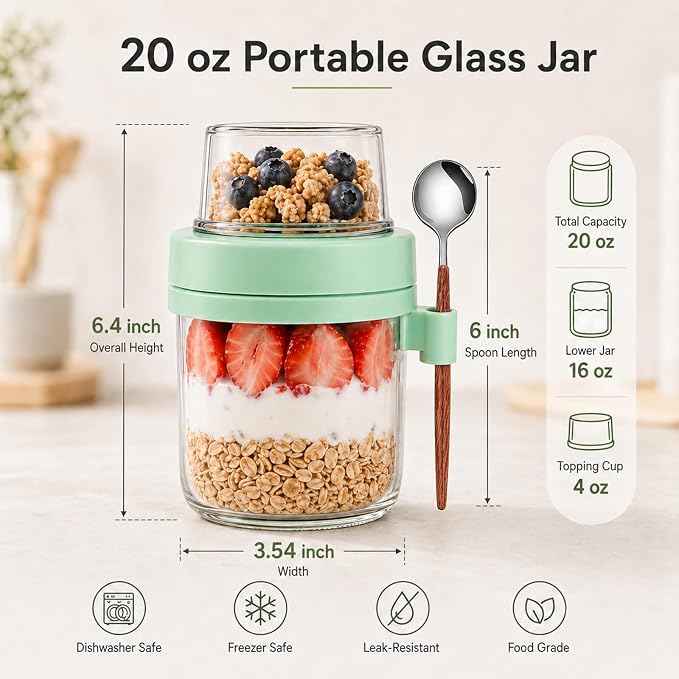 2 Pack Overnight Oats Containers with Lids, Glass Meal Prep Jars, Salad Jars with Spoons, Leakproof Overnight Oats Jars with Dry and Wet Separation for Oatmeal Salad Yogurt, BPA Free