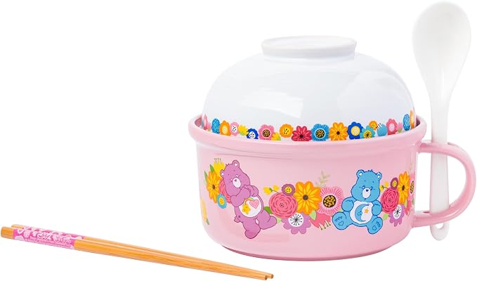 Silver Buffalo Care Bears Soup Mug and Bowl Lid with Spoon and Chopsticks Featuring Bedtime Bear, Best Friend Bear, Wish Bear, and Cheer Bear, 13 Ounce Bowl Lid and 22 Ounce Mug