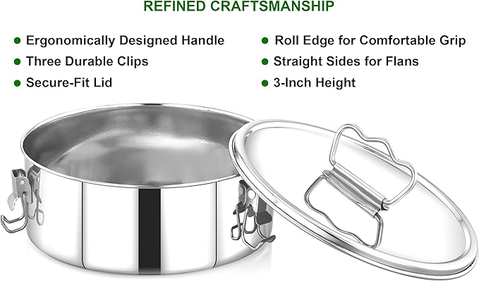 Stainless Steel Flan Pan with Lid, 80 fl oz Flanera Mold, Fits 8 Qt Cookers, 8.6 x 3.5 in, 3 Locking Clips, Oven Safe for Water Bath Baking, Cheesecake, Flan, Quesillo