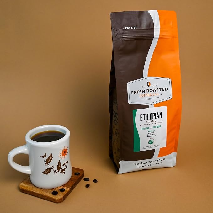 Fresh Roasted Coffee, Organic Ethiopian Natural Whole Bean Coffee, Light Roast, USDA Organic, 100% Single Origin, Kosher, 2 lb (32 oz)